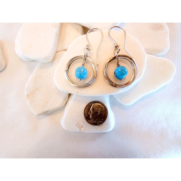 Sterling Silver Natural Turquoise Bead Hoop Earrings Minimalist Handmade - Picture 3 of 6